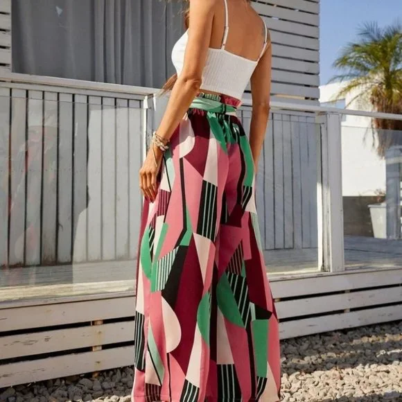 boho Crop Cami Top & Geo Print Slit Thigh Belted Wide Leg Pants - Picture 4 of 5